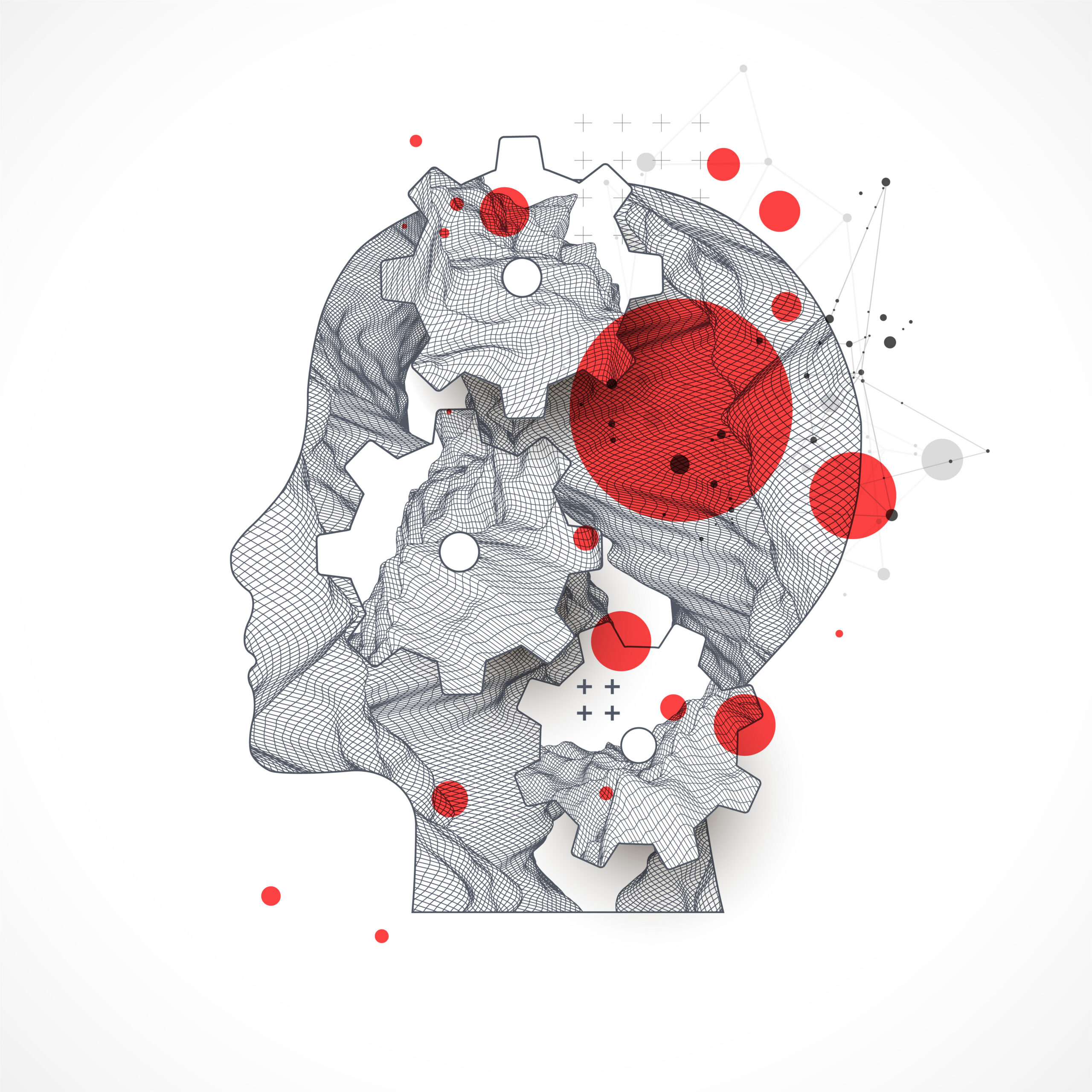 topography in the contour. the human head is made in the style of a frame with gears. vector art.